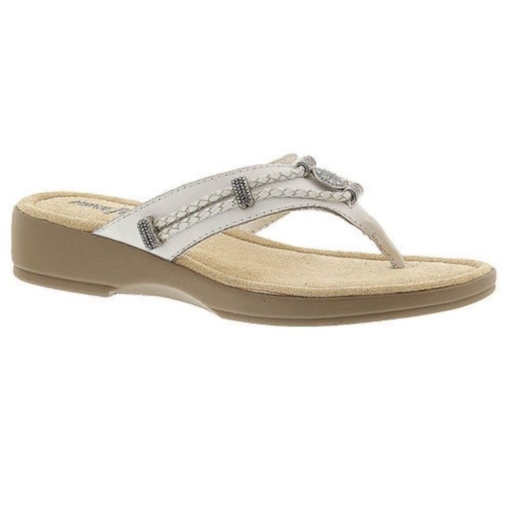 Minnetonka Silverthorne 360 White Silver Leather Flip Flop‎ Thong Sandal 700001
